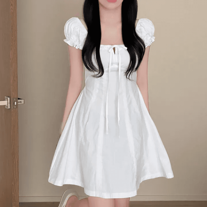 한국 chic 덜 여자 칼라 거품 소매 드레스 레이스업 허리 수축 달콤함 작은 키 한 마디 미니 스커트 상세 이미지 1