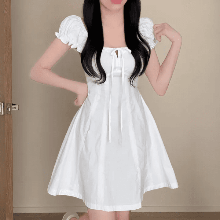 한국 chic 덜 여자 칼라 거품 소매 드레스 레이스업 허리 수축 달콤함 작은 키 한 마디 미니 스커트 상세 이미지 2