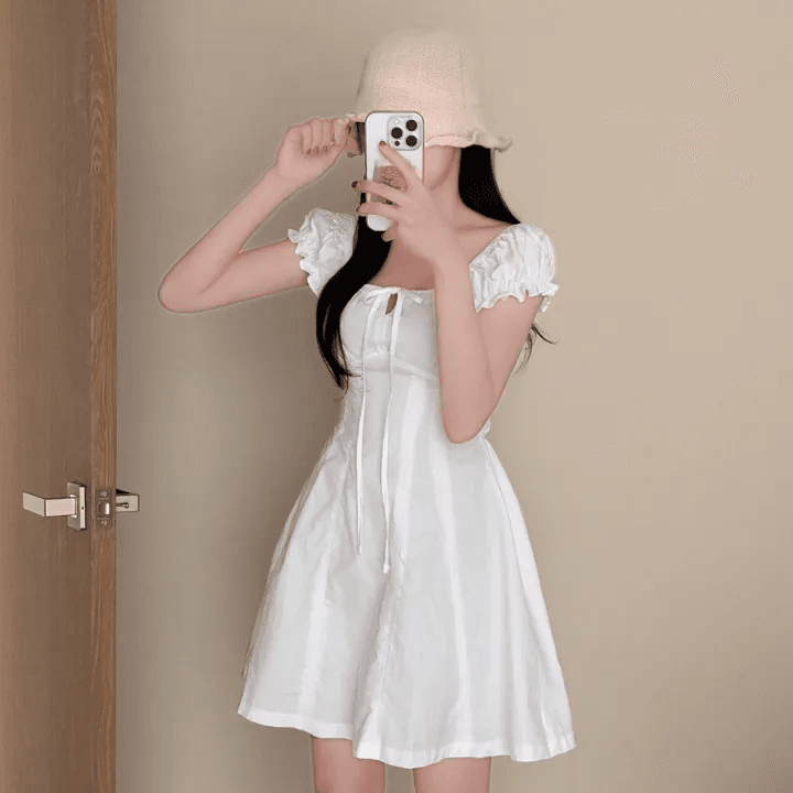 한국 chic 덜 여자 칼라 거품 소매 드레스 레이스업 허리 수축 달콤함 작은 키 한 마디 미니 스커트 상세 이미지 8