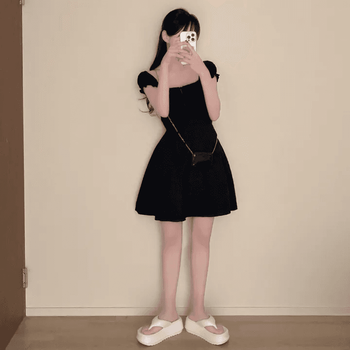 한국 chic 덜 여자 칼라 거품 소매 드레스 레이스업 허리 수축 달콤함 작은 키 한 마디 미니 스커트 상세 이미지 10