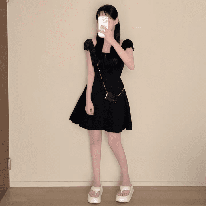 한국 chic 덜 여자 칼라 거품 소매 드레스 레이스업 허리 수축 달콤함 작은 키 한 마디 미니 스커트 상세 이미지 11