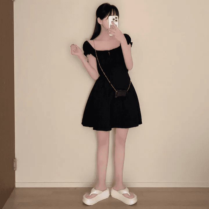 한국 chic 덜 여자 칼라 거품 소매 드레스 레이스업 허리 수축 달콤함 작은 키 한 마디 미니 스커트 상세 이미지 12