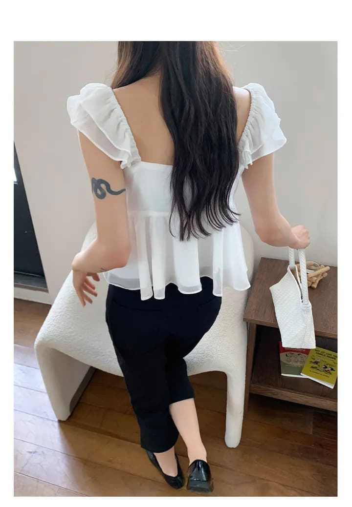 한국 스타일 ins 주름 허리 수축 쉬폰 블라우스 V넥 루즈핏 다용도 맨위 민소매 작은 셔츠 상세 이미지 8