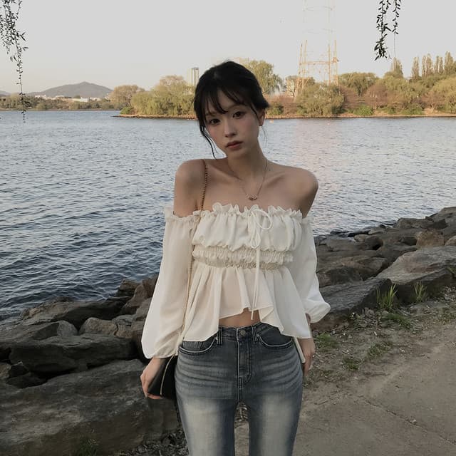 한 부서 보트넥 오프숄더 셔츠 주름 레이스업 허리 수축 쇼트 스타일 불규칙 벌룬 소매 맨위 상세 이미지 16