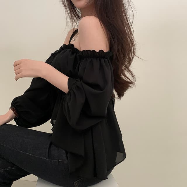 한 부서 보트넥 오프숄더 셔츠 주름 레이스업 허리 수축 쇼트 스타일 불규칙 벌룬 소매 맨위 상세 이미지 18