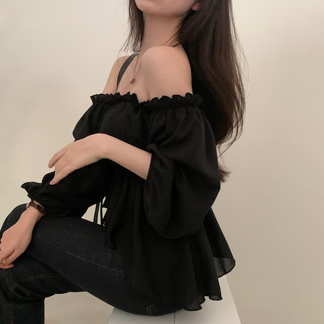 한 부서 보트넥 오프숄더 셔츠 주름 레이스업 허리 수축 쇼트 스타일 불규칙 벌룬 소매 맨위 상세 이미지 19