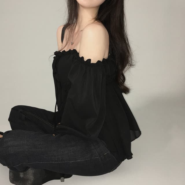 한 부서 보트넥 오프숄더 셔츠 주름 레이스업 허리 수축 쇼트 스타일 불규칙 벌룬 소매 맨위 상세 이미지 25