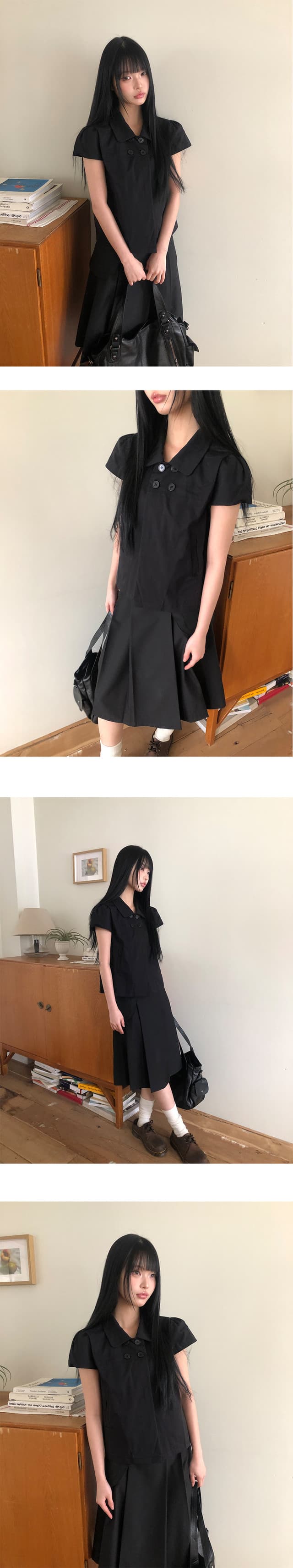 한국 스타일 ins 일본식 소녀 센스 네 단추 여름 레트로 베이비 칼라 캐주얼 반팔 셔츠 맨위 상세 이미지 1