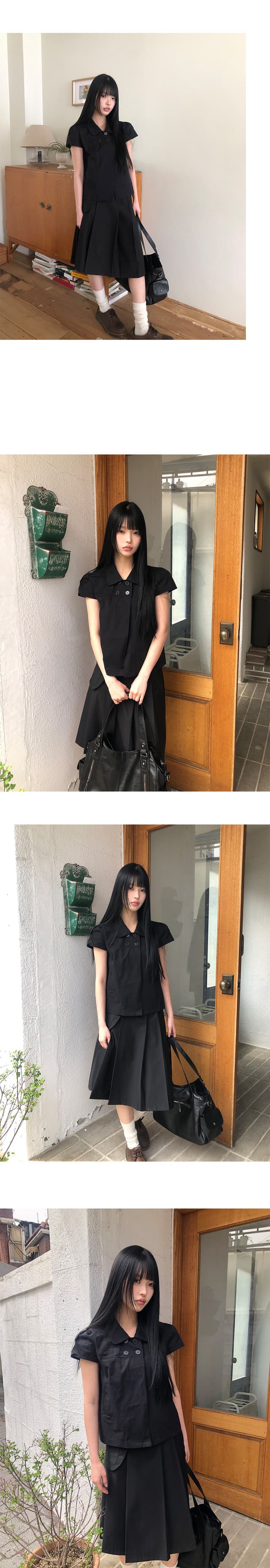 한국 스타일 ins 일본식 소녀 센스 네 단추 여름 레트로 베이비 칼라 캐주얼 반팔 셔츠 맨위 상세 이미지 2