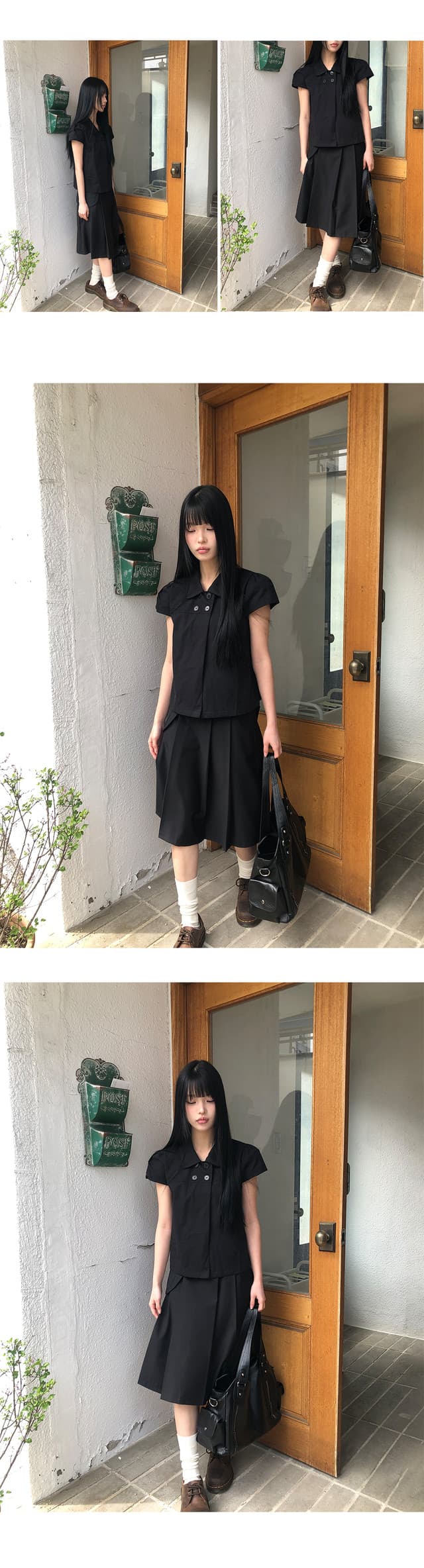 한국 스타일 ins 일본식 소녀 센스 네 단추 여름 레트로 베이비 칼라 캐주얼 반팔 셔츠 맨위 상세 이미지 3