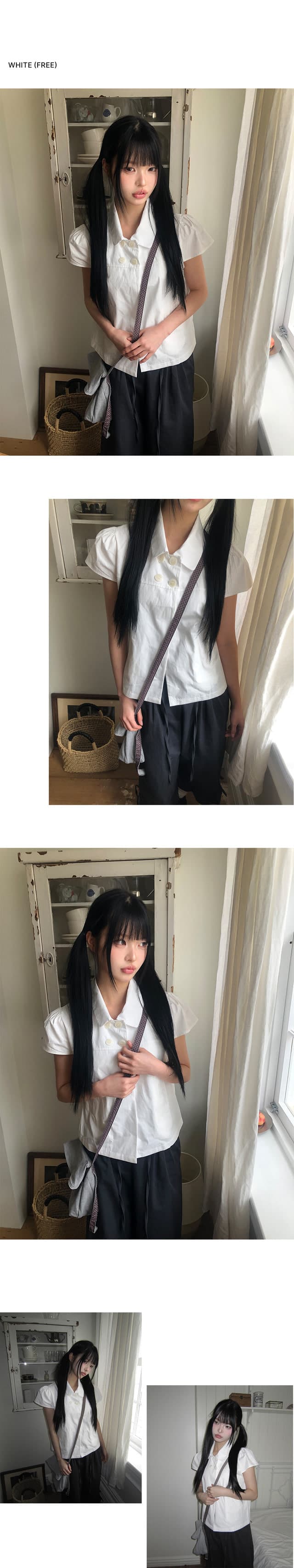 한국 스타일 ins 일본식 소녀 센스 네 단추 여름 레트로 베이비 칼라 캐주얼 반팔 셔츠 맨위 상세 이미지 6