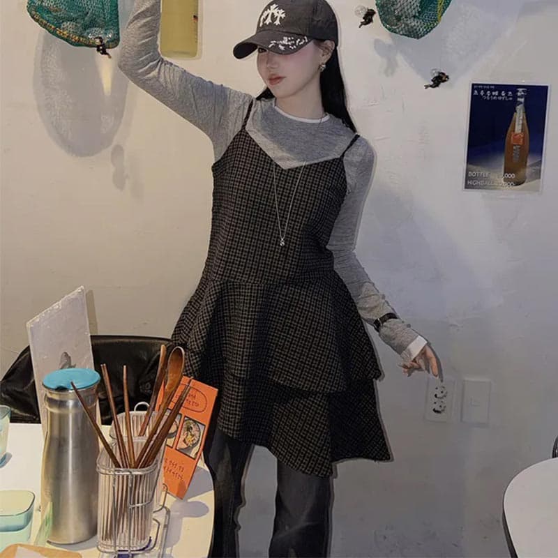 한 부서 chic 레트로 체크무늬 V넥 불규칙 프릴 슬립 여성 드레스 슬림해 보이는 A라인 스커트