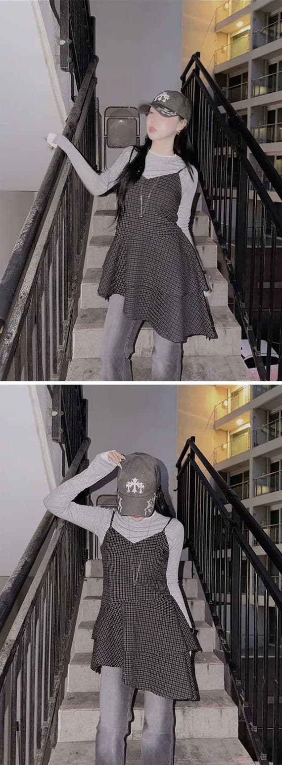 한 부서 chic 레트로 체크무늬 V넥 불규칙 프릴 슬립 여성 드레스 슬림해 보이는 A라인 스커트 상세 이미지 9