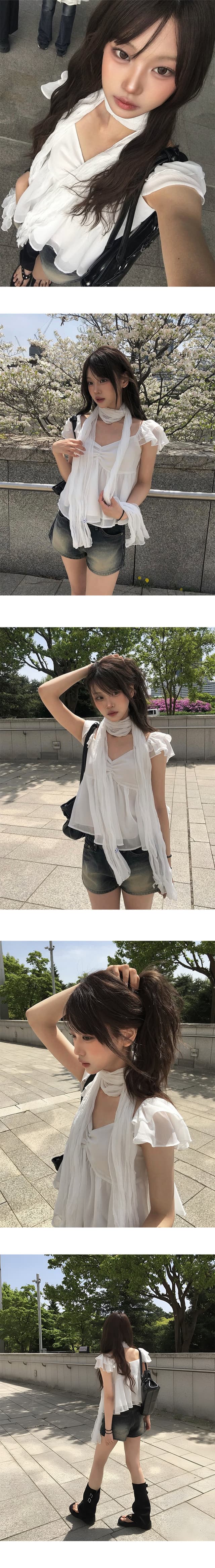 한국 ins 순수한 욕망 바람 V넥 주름 작은 날다 소매 맨위 슬림해 보이는 쇼트 스타일 프릴 쉬폰 블라우스 상세 이미지 2