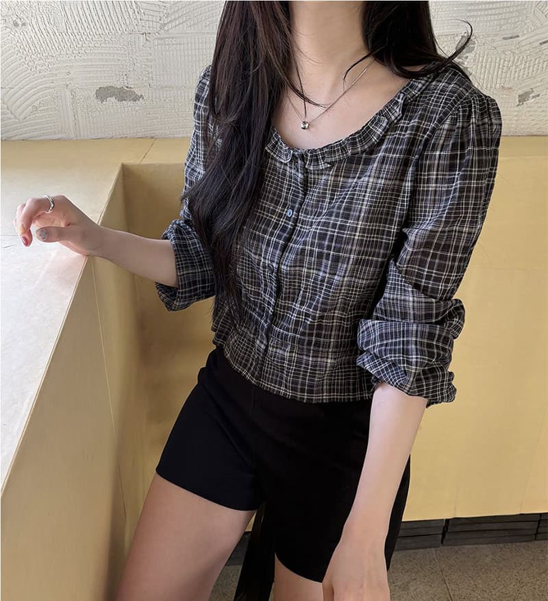 한 부서 ins 바람 레트로 체크무늬 쇼트 스타일 셔츠 부드러운 연령 감소 곰팡이 고리 허리 수축 긴팔 맨위 이미지 3