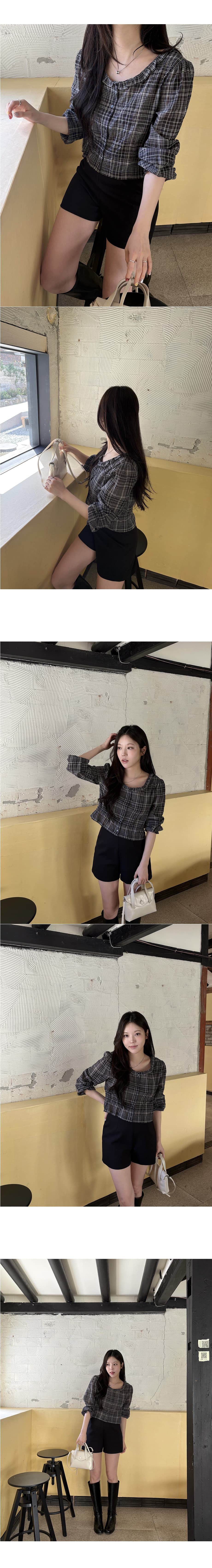 한 부서 ins 바람 레트로 체크무늬 쇼트 스타일 셔츠 부드러운 연령 감소 곰팡이 고리 허리 수축 긴팔 맨위 상세 이미지 3