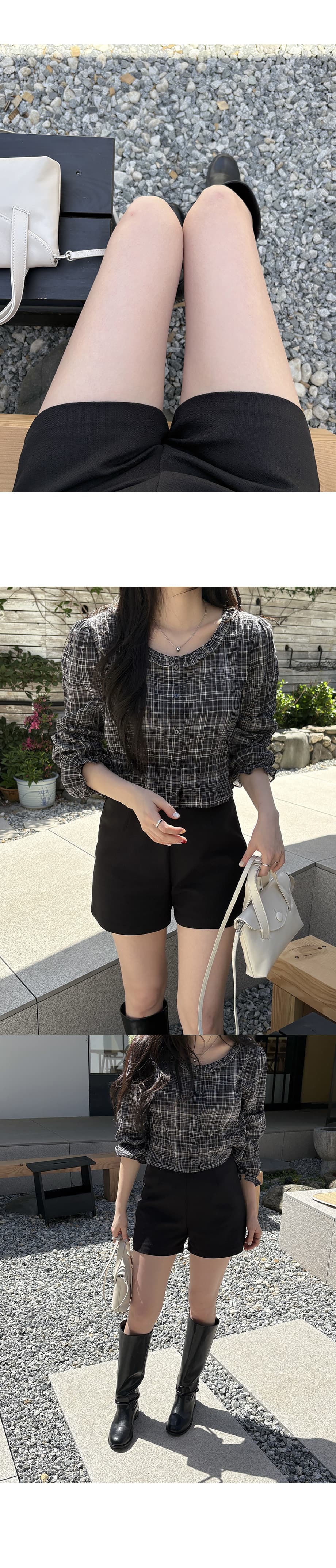 한 부서 ins 바람 레트로 체크무늬 쇼트 스타일 셔츠 부드러운 연령 감소 곰팡이 고리 허리 수축 긴팔 맨위 상세 이미지 5