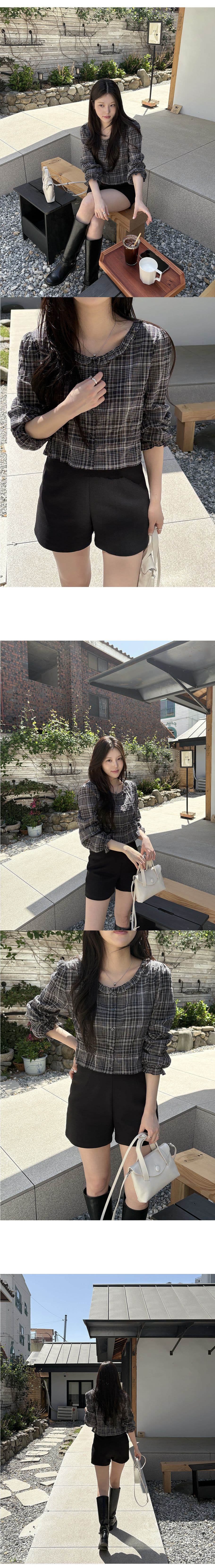 한 부서 ins 바람 레트로 체크무늬 쇼트 스타일 셔츠 부드러운 연령 감소 곰팡이 고리 허리 수축 긴팔 맨위 상세 이미지 1