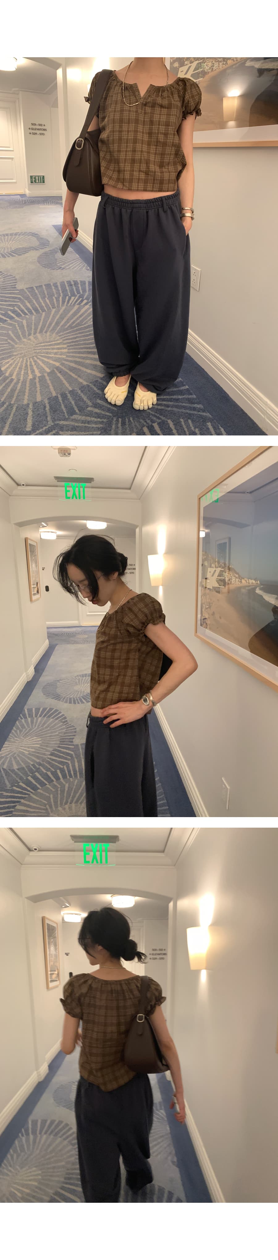 한 부서 chic 레트로 아름다움 라드. 바람 체크무늬 광장 칼라 반팔 셔츠 쇼트 스타일 이슬 뼈의 맨위 상세 이미지 8
