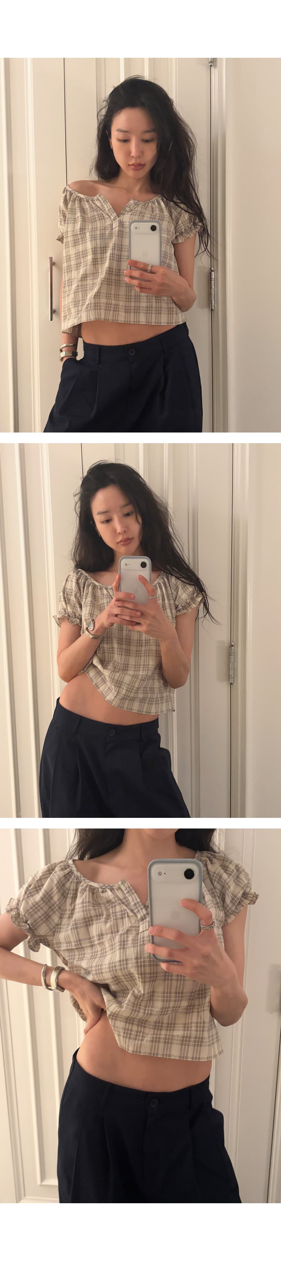 한 부서 chic 레트로 아름다움 라드. 바람 체크무늬 광장 칼라 반팔 셔츠 쇼트 스타일 이슬 뼈의 맨위 상세 이미지 20