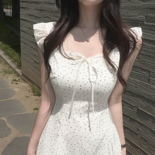 한국 chic 프랑스식 도트 무늬 작은 날다 소매 프릴 레이스 허리 수축 작은 키 쉬폰 드레스 상세 이미지 2