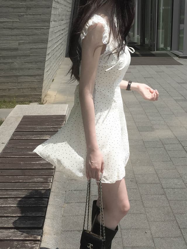 한국 chic 프랑스식 도트 무늬 작은 날다 소매 프릴 레이스 허리 수축 작은 키 쉬폰 드레스 상세 이미지 4