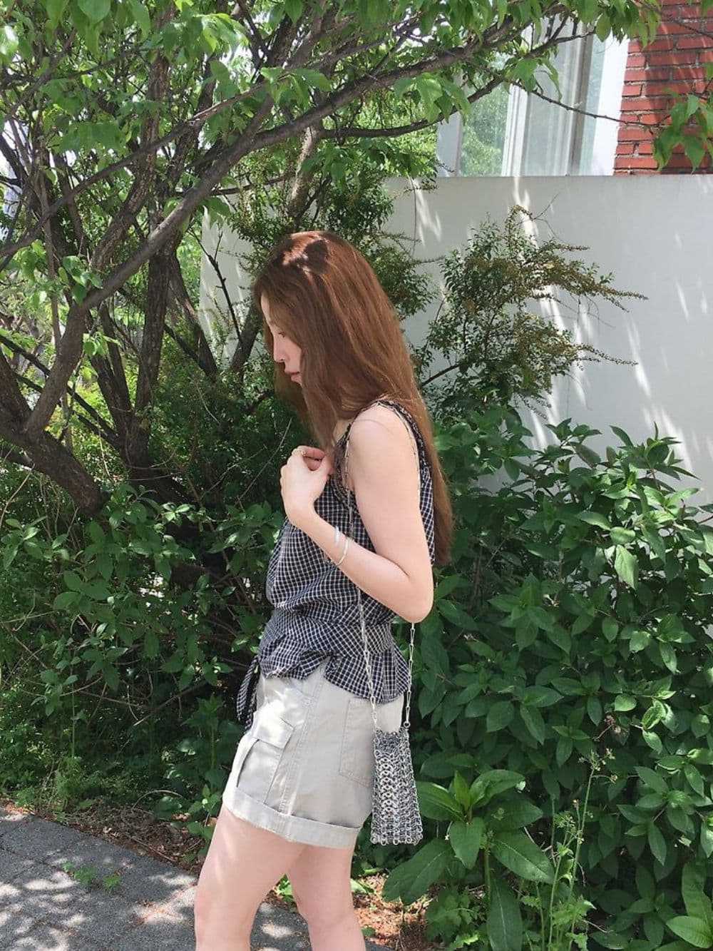 한 부서 chic 소녀 프릴 체크무늬 광장 칼라 슬립 허리 수축 스트랩 디자인 센스 외출용 조끼 상세 이미지 3