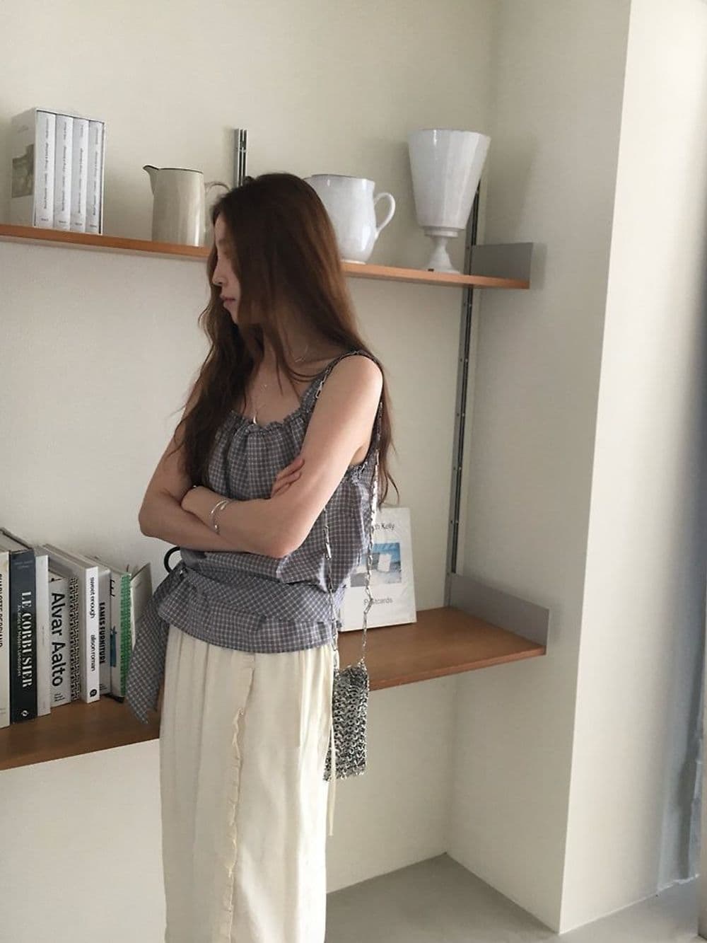 한 부서 chic 소녀 프릴 체크무늬 광장 칼라 슬립 허리 수축 스트랩 디자인 센스 외출용 조끼 상세 이미지 18