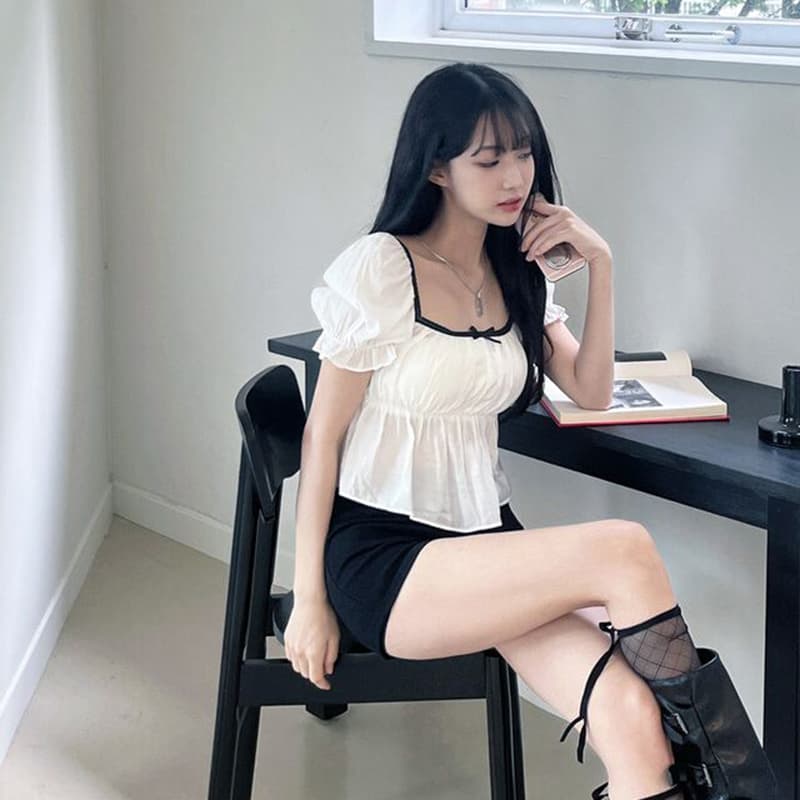 한 부서 순수한 욕망 바람 광장 칼라 거품 소매 쇼트 스타일 맨위 레이스 레이스 나비 매듭 허리 수축 슬림해 보이는 작은 셔츠 이미지 2