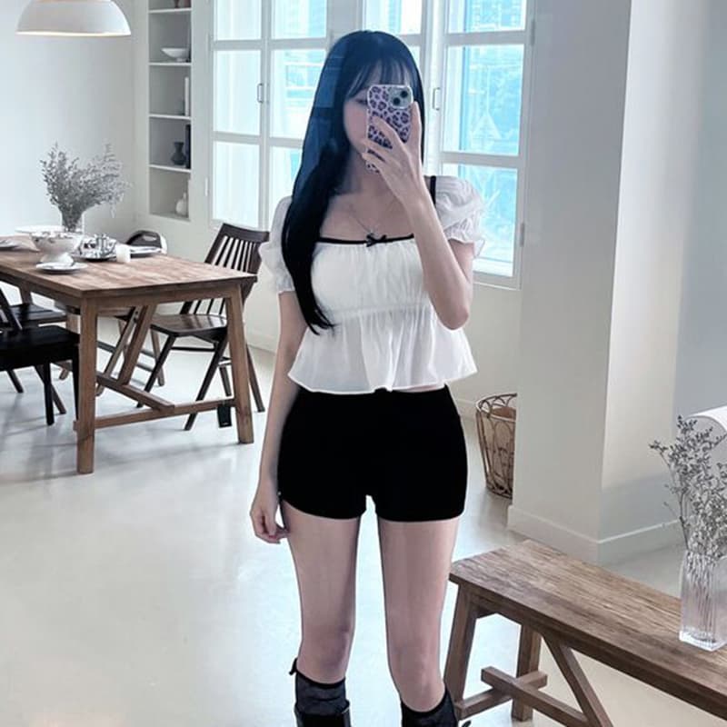 한 부서 순수한 욕망 바람 광장 칼라 거품 소매 쇼트 스타일 맨위 레이스 레이스 나비 매듭 허리 수축 슬림해 보이는 작은 셔츠 이미지 4