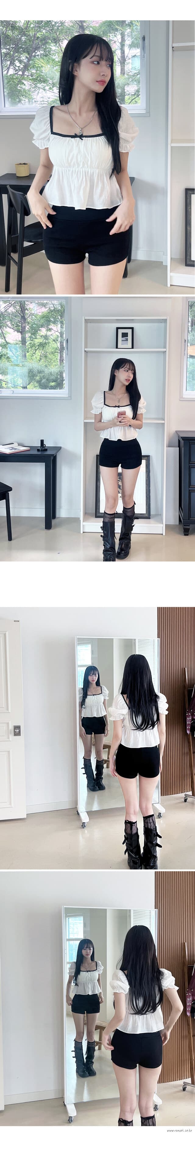 한 부서 순수한 욕망 바람 광장 칼라 거품 소매 쇼트 스타일 맨위 레이스 레이스 나비 매듭 허리 수축 슬림해 보이는 작은 셔츠 상세 이미지 4
