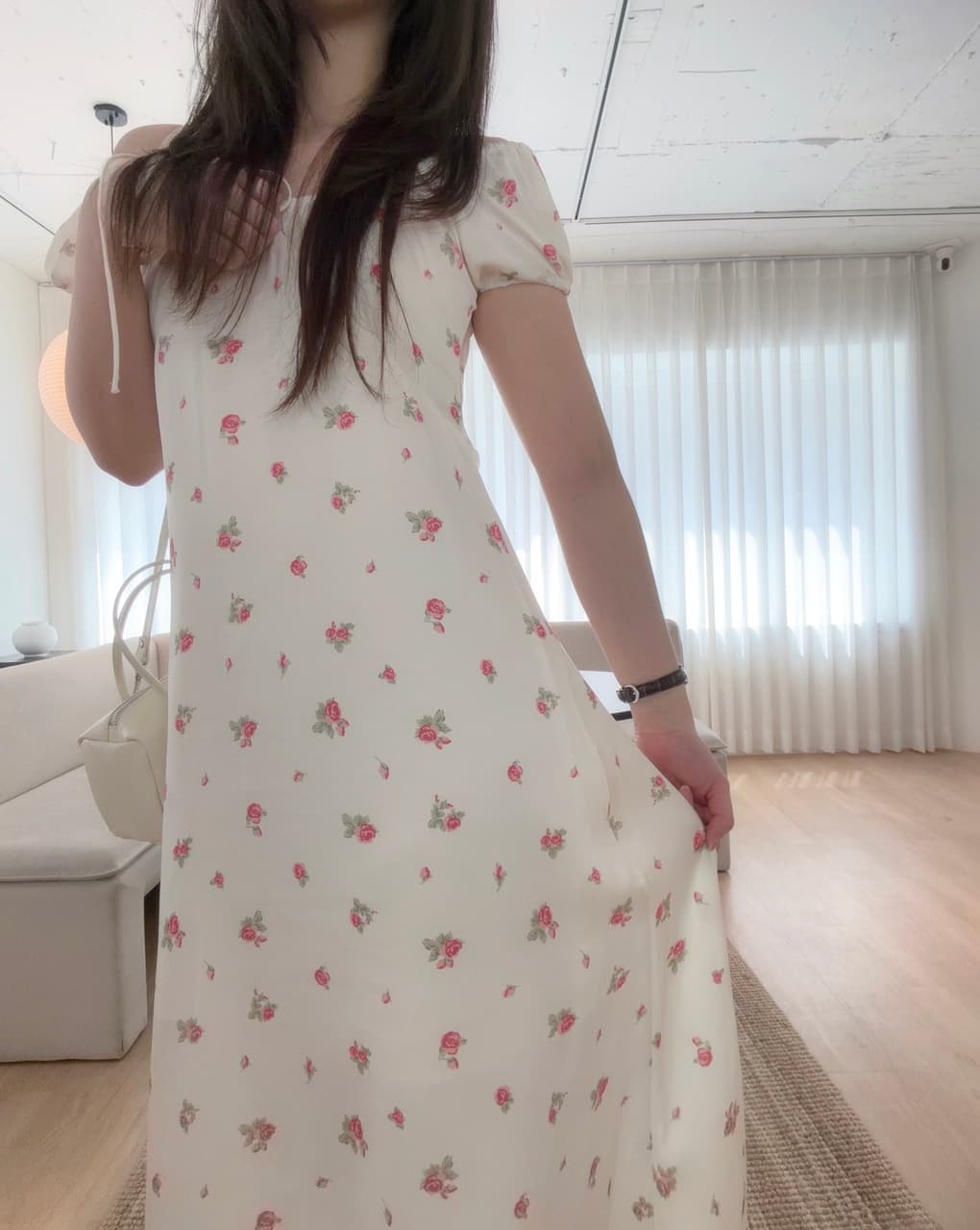 chic 프랑스식 품격 거품 소매 꽃무늬 롱 스커트 레이스업 프린트 오프숄더 휴가 바람 드레스 상세 이미지 6
