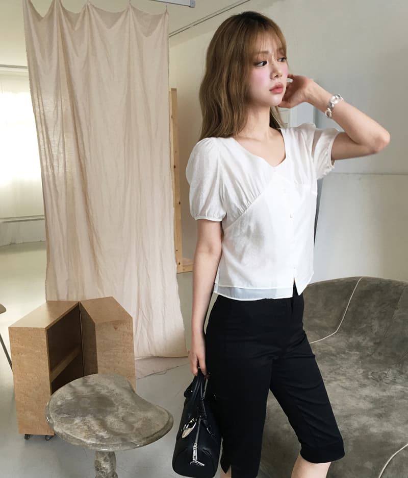한 부서 V넥 레이스업 거품 소매 셔츠 작은 대중 디자인 센스 주름 쇼트 스타일 오픈 가디건 맨위 이미지 3