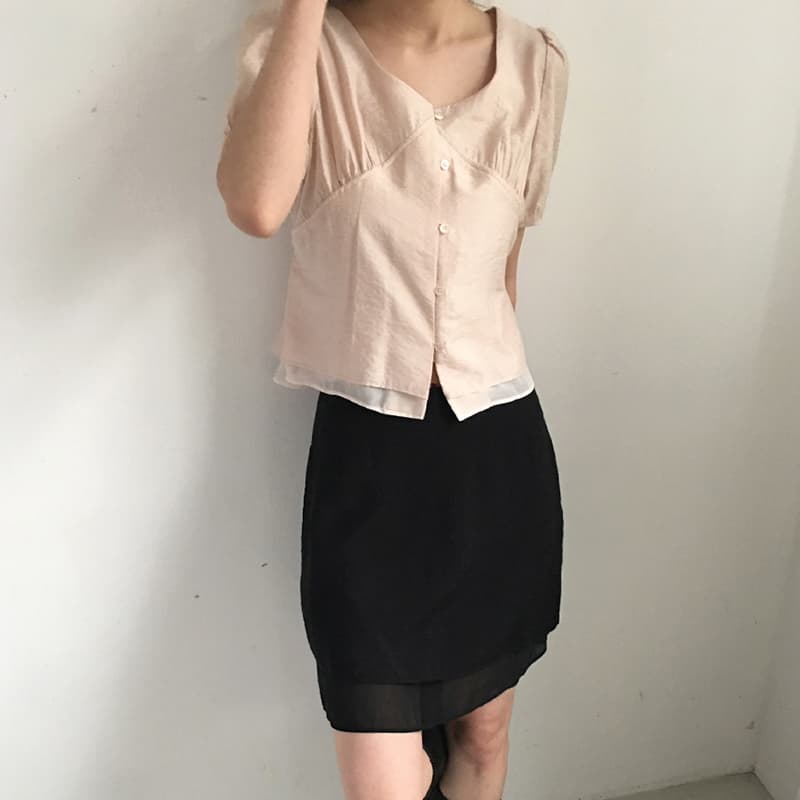 한 부서 V넥 레이스업 거품 소매 셔츠 작은 대중 디자인 센스 주름 쇼트 스타일 오픈 가디건 맨위 이미지 5