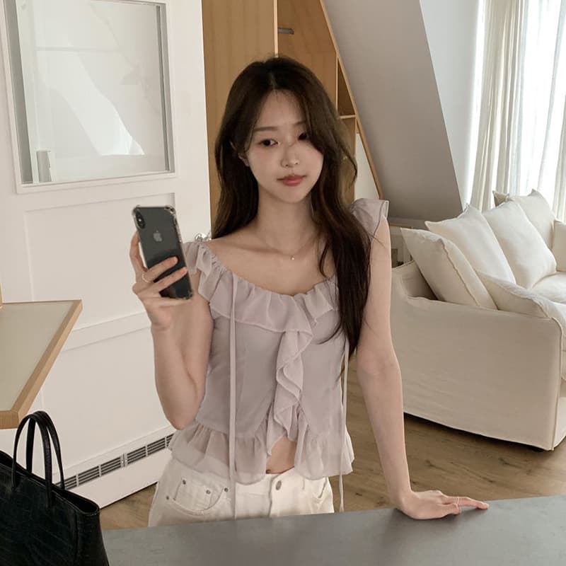 한 부서 chic 프릴 쉬폰 캐미솔 주름 Feifei 소매 허리 수축 쇼트 스타일 맨위 이미지 2