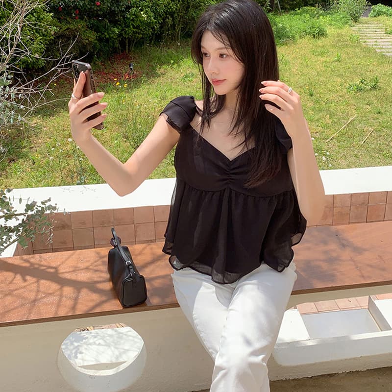 insv 칼라 주름 허리 수축 쉬폰 블라우스 루즈핏 다용도 맨위 민소매 작은 셔츠 이미지 5