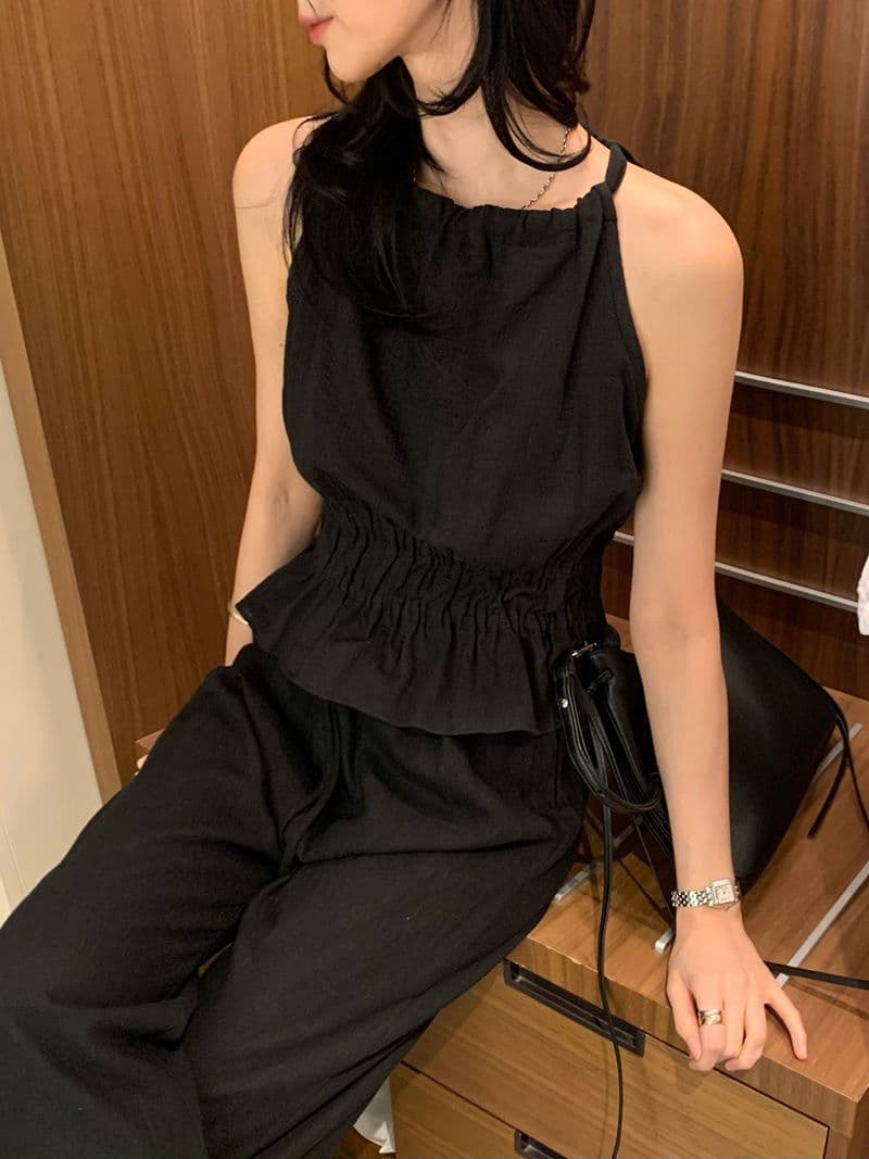 한국 chic 행침 목 레이스업 허리 수축 맨위 주름 슬림해 보이는 프릴 민소매 조끼 작은 셔츠 이미지 4