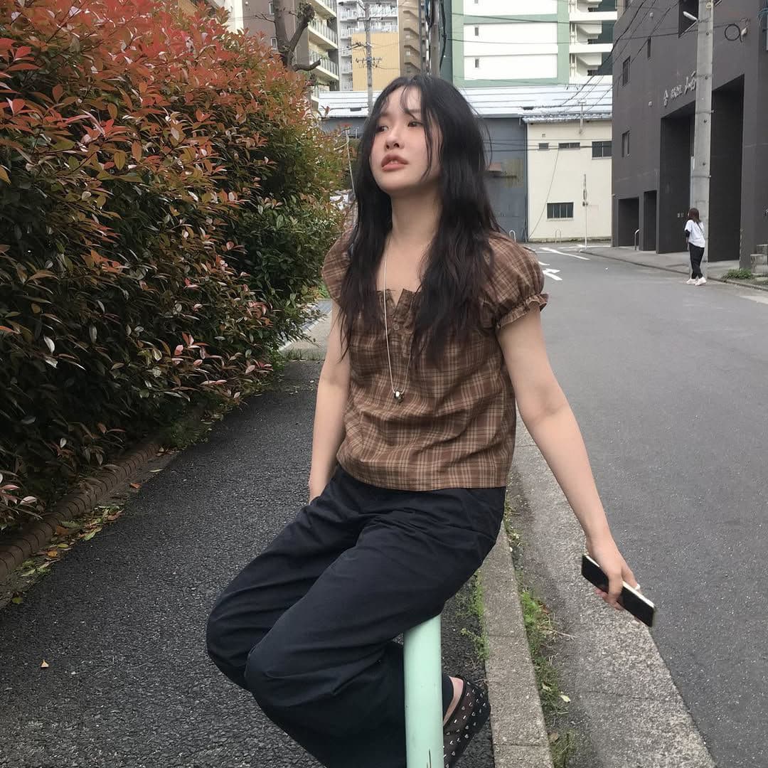 한 부서 레트로 체크무늬 거품 소매 쇼트 스타일 셔츠 다용도 헨리 칼라 맨위 이미지 3