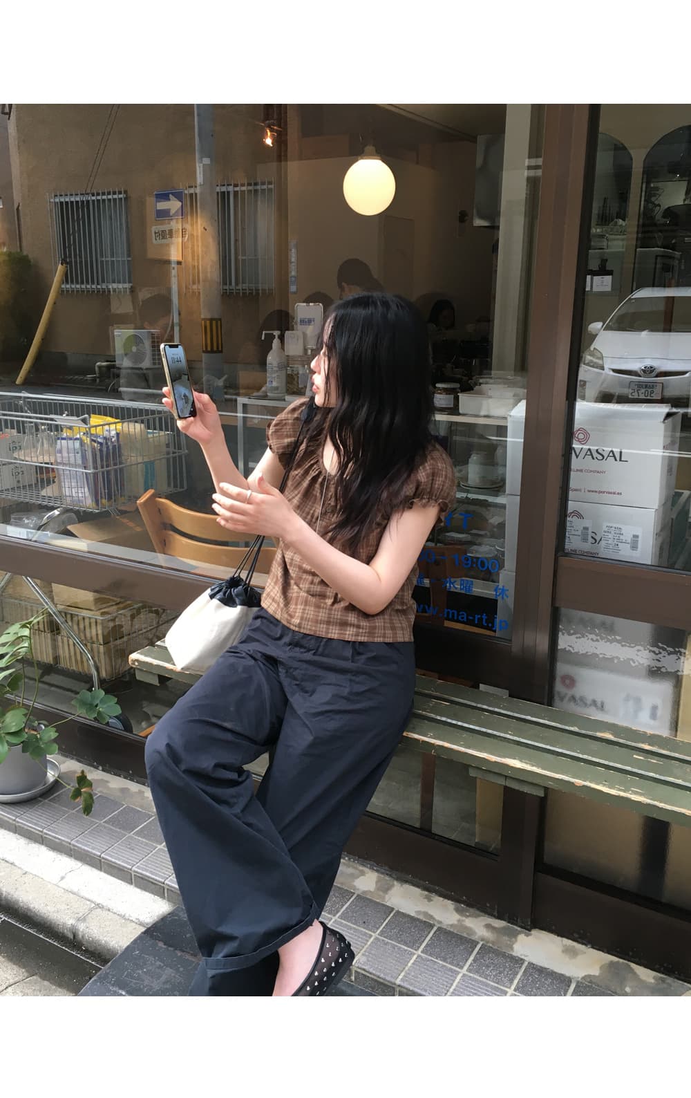 한 부서 레트로 체크무늬 거품 소매 쇼트 스타일 셔츠 다용도 헨리 칼라 맨위 상세 이미지 3