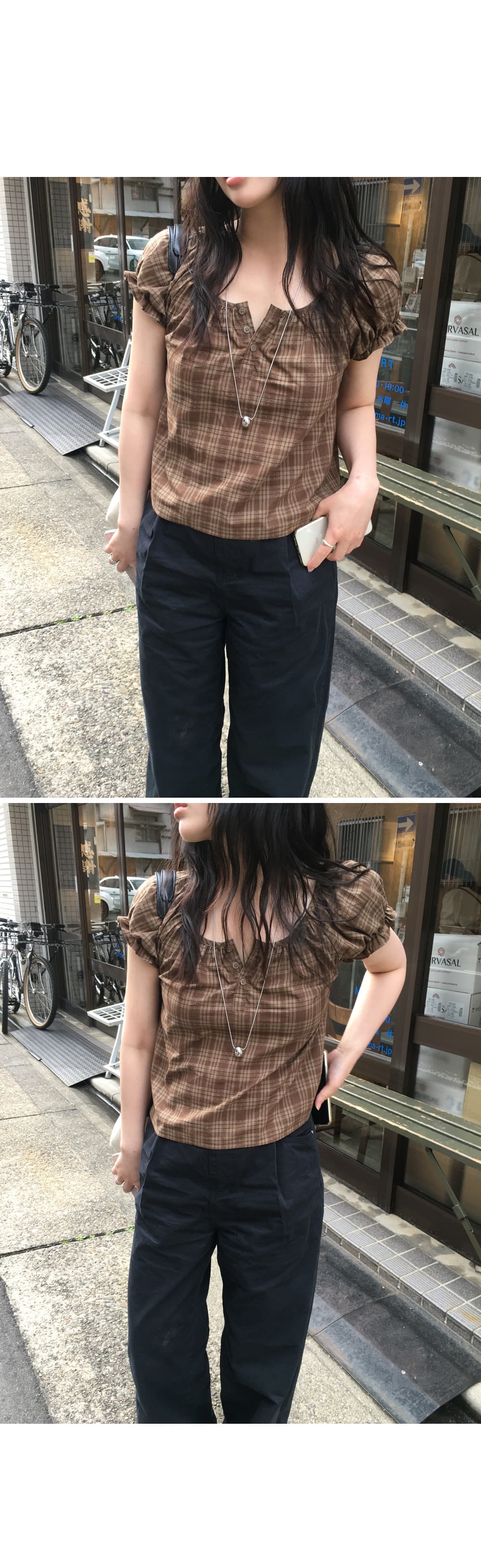 한 부서 레트로 체크무늬 거품 소매 쇼트 스타일 셔츠 다용도 헨리 칼라 맨위 상세 이미지 4