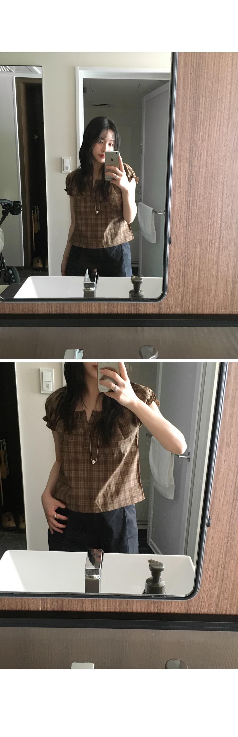 한 부서 레트로 체크무늬 거품 소매 쇼트 스타일 셔츠 다용도 헨리 칼라 맨위 상세 이미지 7