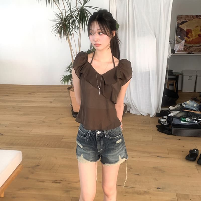 한 부서 행침 목 V넥 프릴 쉬폰 블라우스 허리 수축 쇼트 스타일 레이스업 반팔 맨위 여성 이미지 5