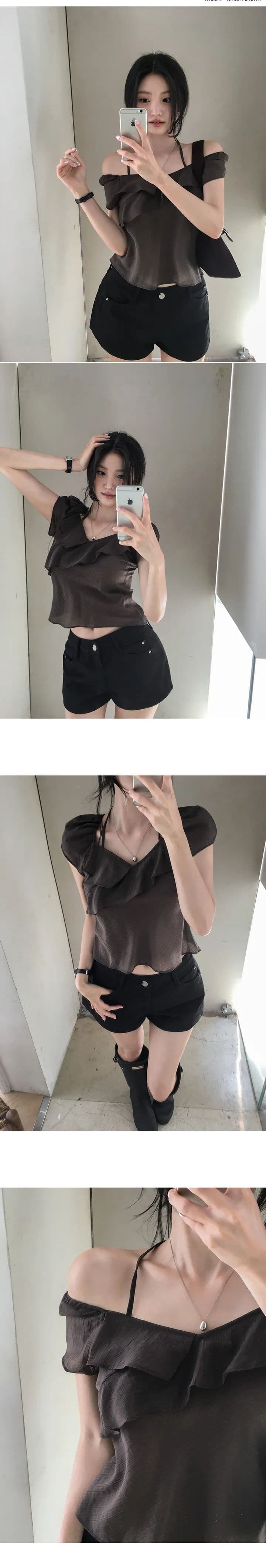 한 부서 달콤한 매운맛 행침 목 프릴 셔츠 허리 수축 쇼트 스타일 V넥 작은 셔츠 맨위 상세 이미지 3