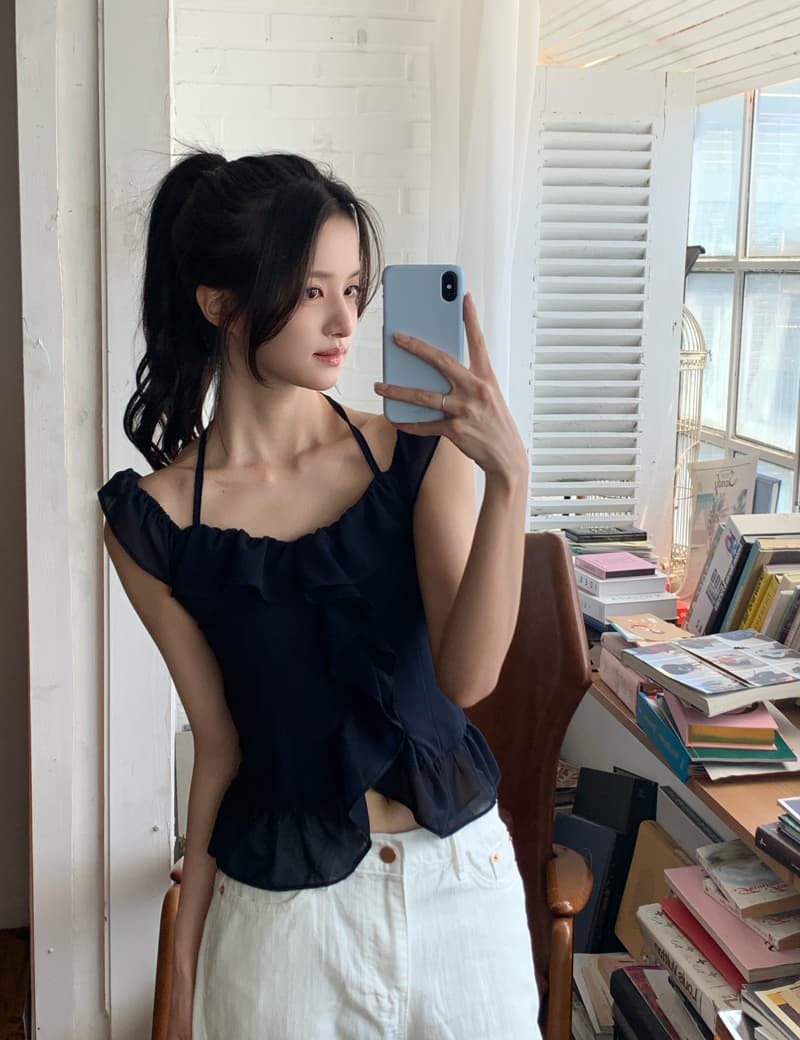 한 부서 불규칙 프릴 행침 목 슬립 몸매 가꾸기 쇼트 스타일 민소매 순수한 욕망 작은 조끼 상세 이미지 25