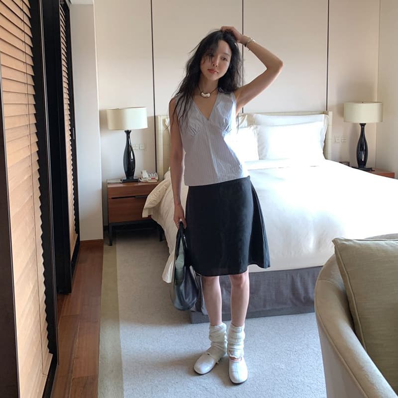 한 부서 chic 익스트림 제인 스트라이프 V넥 민소매 조끼 허리 수축 품격 출퇴근 맨위 이미지 4