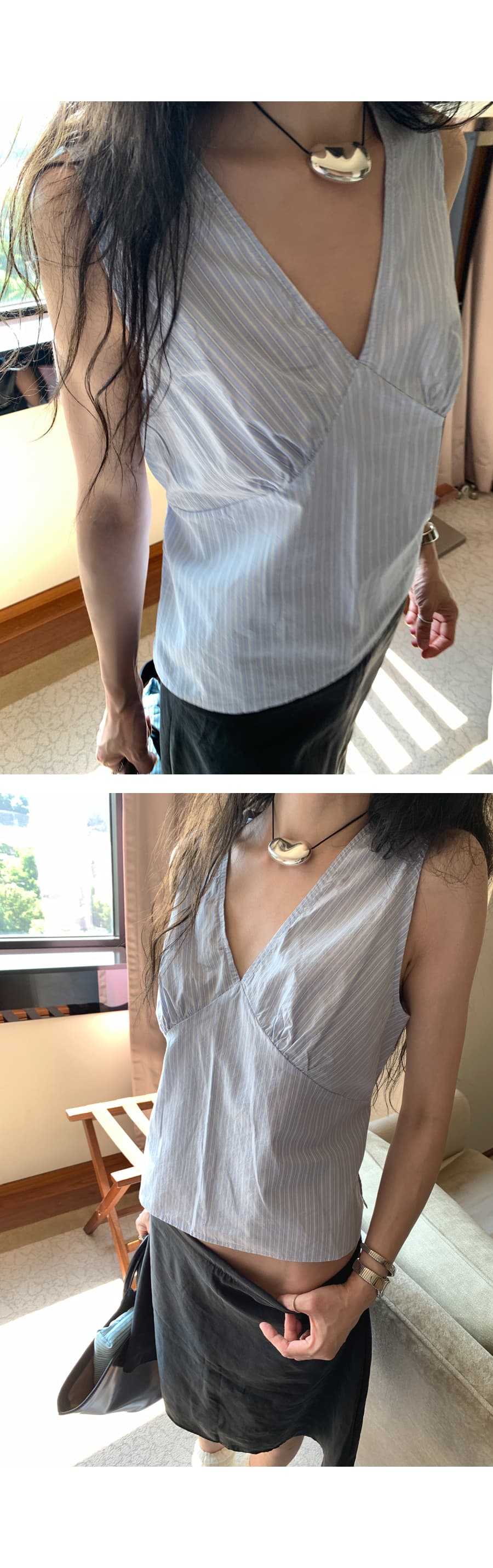 한 부서 chic 익스트림 제인 스트라이프 V넥 민소매 조끼 허리 수축 품격 출퇴근 맨위 상세 이미지 5