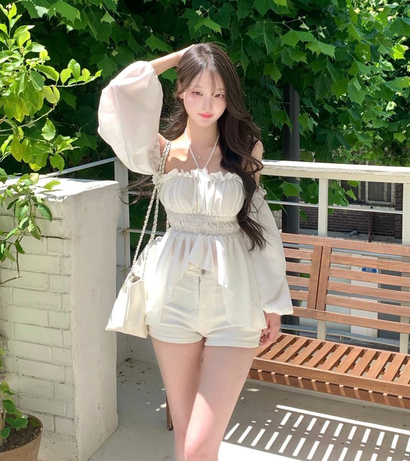 한 부서 행침 목 오프숄더 쉬폰 셔츠 거품 소매 밴딩 허리 수축 연꽃 잎 맨위 이미지 2