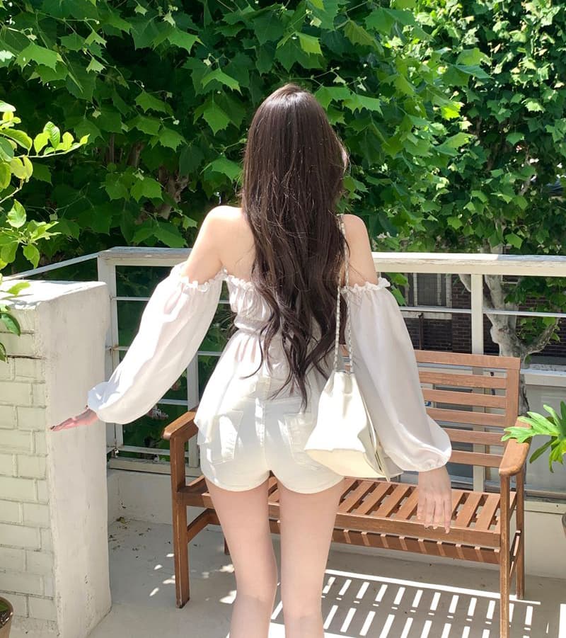 한 부서 행침 목 오프숄더 쉬폰 셔츠 거품 소매 밴딩 허리 수축 연꽃 잎 맨위 이미지 3