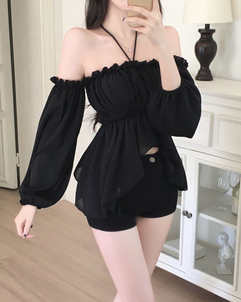 한 부서 행침 목 오프숄더 쉬폰 셔츠 거품 소매 밴딩 허리 수축 연꽃 잎 맨위 상세 이미지 15