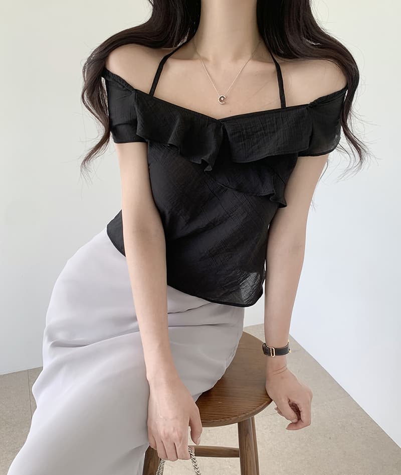 한 부서 동대문 오프숄더 행침 목 프릴 쇼트 스타일 품격 몸매 가꾸기 쉬폰 톱